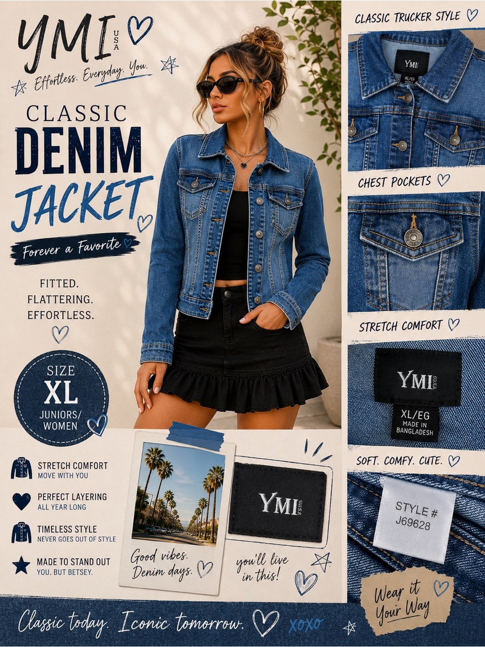 YMI Stretch Denim Jacket Women’s XL Medium Wash Fitted Classic Trucker